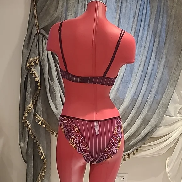 Simone Perele Set Bra 34B and panties Size S Plum pinstriped with embroidery - Picture 6 of 11